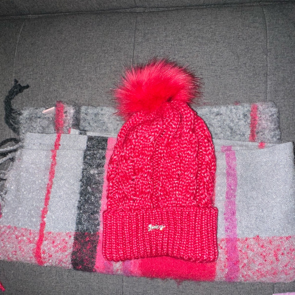 Juicy Couture Cozy Pink Knit Hat with Pom Pom and scarf
